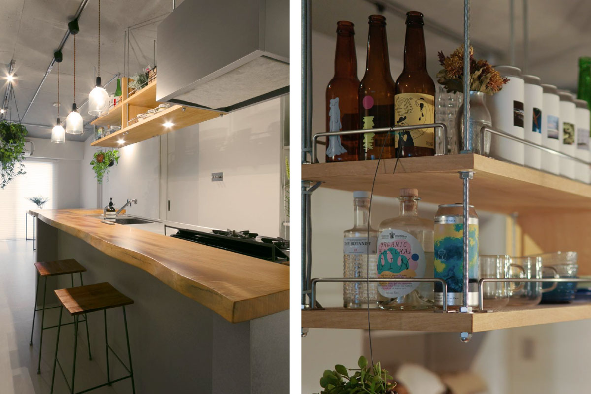 バーカウンターの意匠に欠かせない、デザインにこだわったお酒を飾るオープンシェルフ