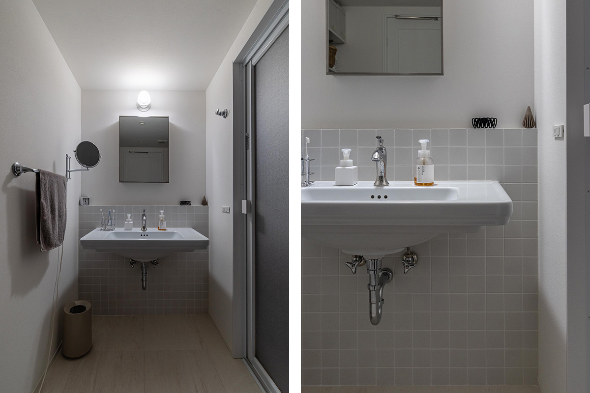 コンパクトな洗面室に、壁付け洗面台を取り付けたリノベーション事例