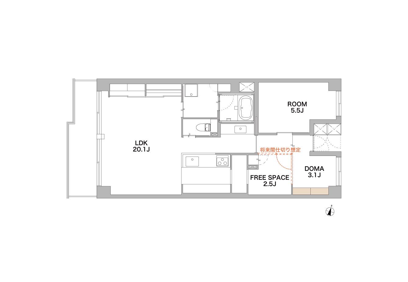 将来的に個室化できるオープンなフリースペースがある家の間取り図